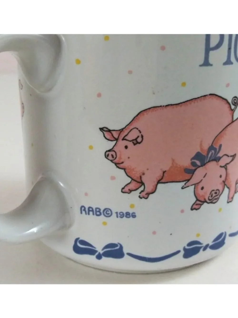 Vintage 1986 RAB Sunnycraft Pig Out Blue Bows & Cute Pigs Coffee Cup Korea